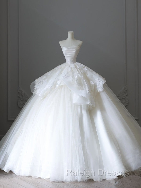 Unique Ball Gown Strapless White Lace Satin Long Wedding Dress Brides Dresses