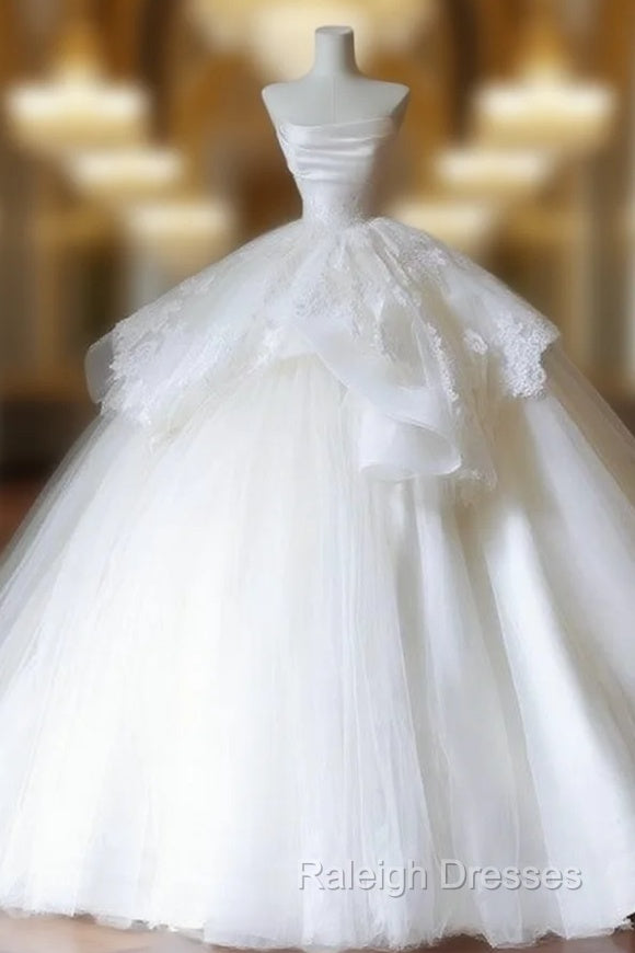 Unique Ball Gown Strapless White Lace Satin Long Wedding Dresses Brides Dress Main image