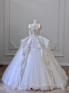 Unique Ball Gown Straps Tulle White Sequin Lace Wedding Dress Brides Dresses