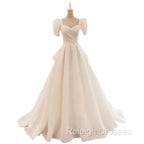 Unique Ball Gown Sweetheart Short Sleeves Long White Wedding Dresses