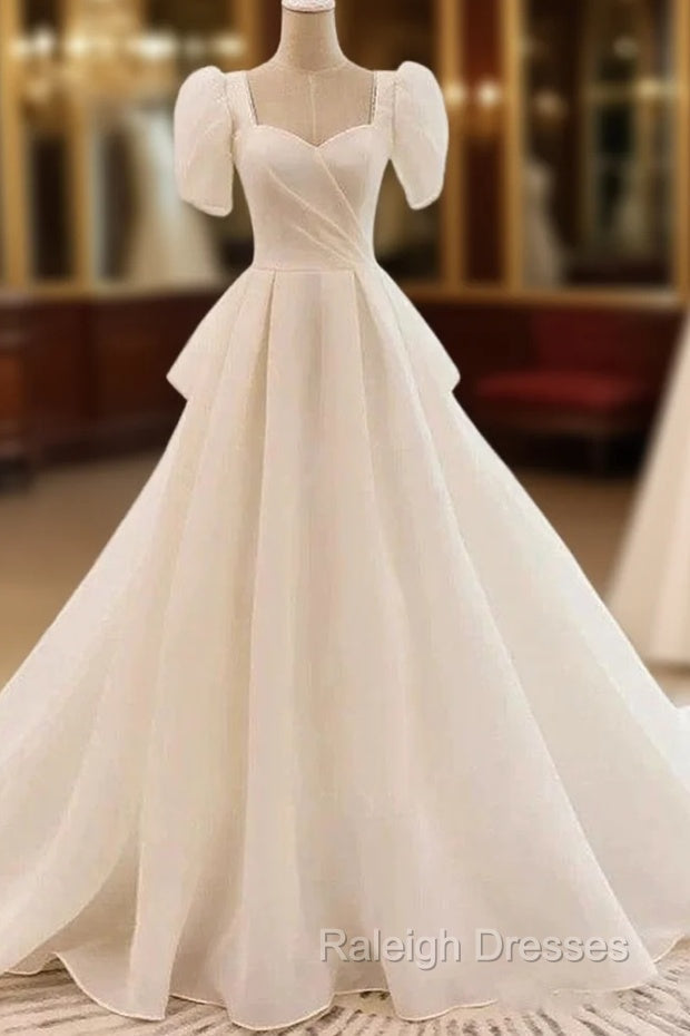 Unique Ball Gowns Sweetheart Short Sleeves Long White Wedding Dresses