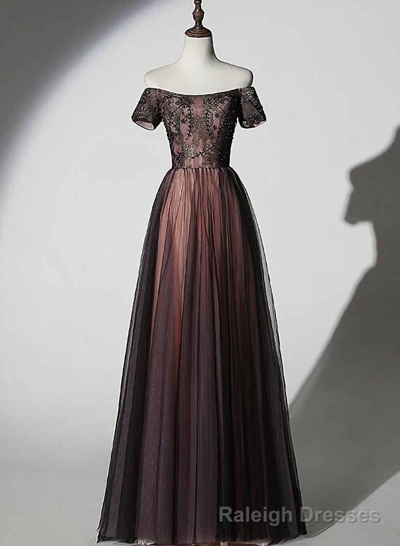 Unique Black and Champagne Tulle Long Prom Dress, Senior Prom Dress