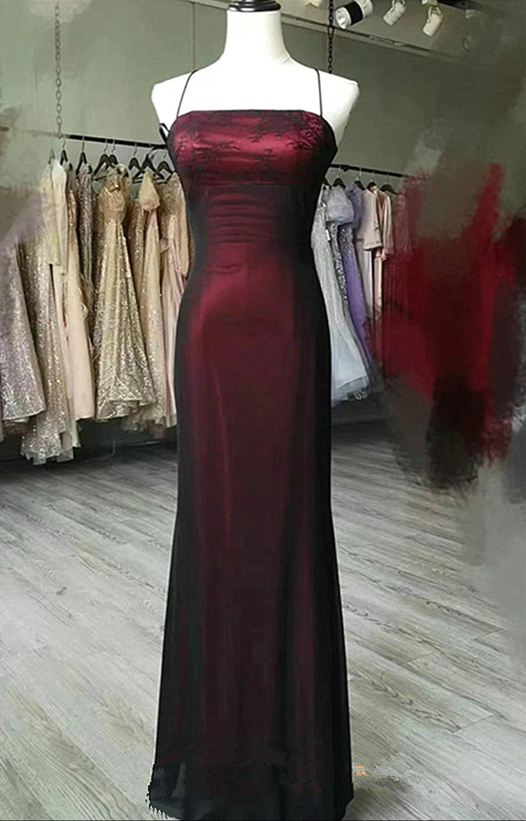 Unique Black And Red Scoop Straps Long Party Dress, Black And Red Evening Dress Main image
