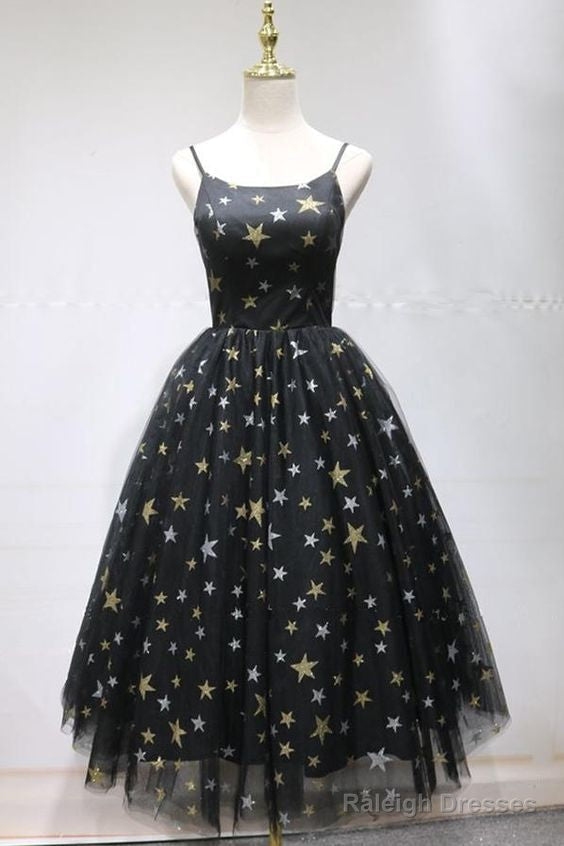 Unique Black Star Printed Tulle Open Back Short Cocktail Dresses Homecoming Dresses