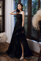 Unique Black Tulle Long Prom Dresses, Black Formal Evening Dresses