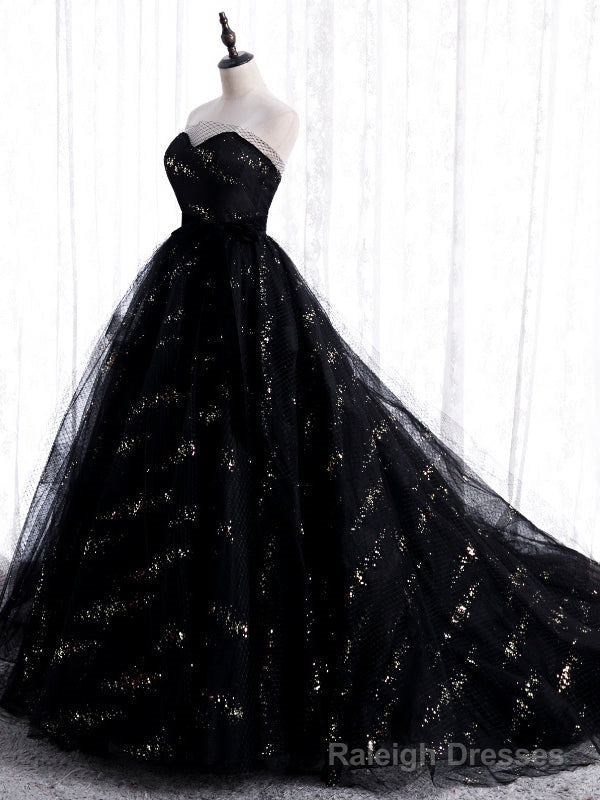 Unique Black Tulle Sequins Strapless Prom Dress