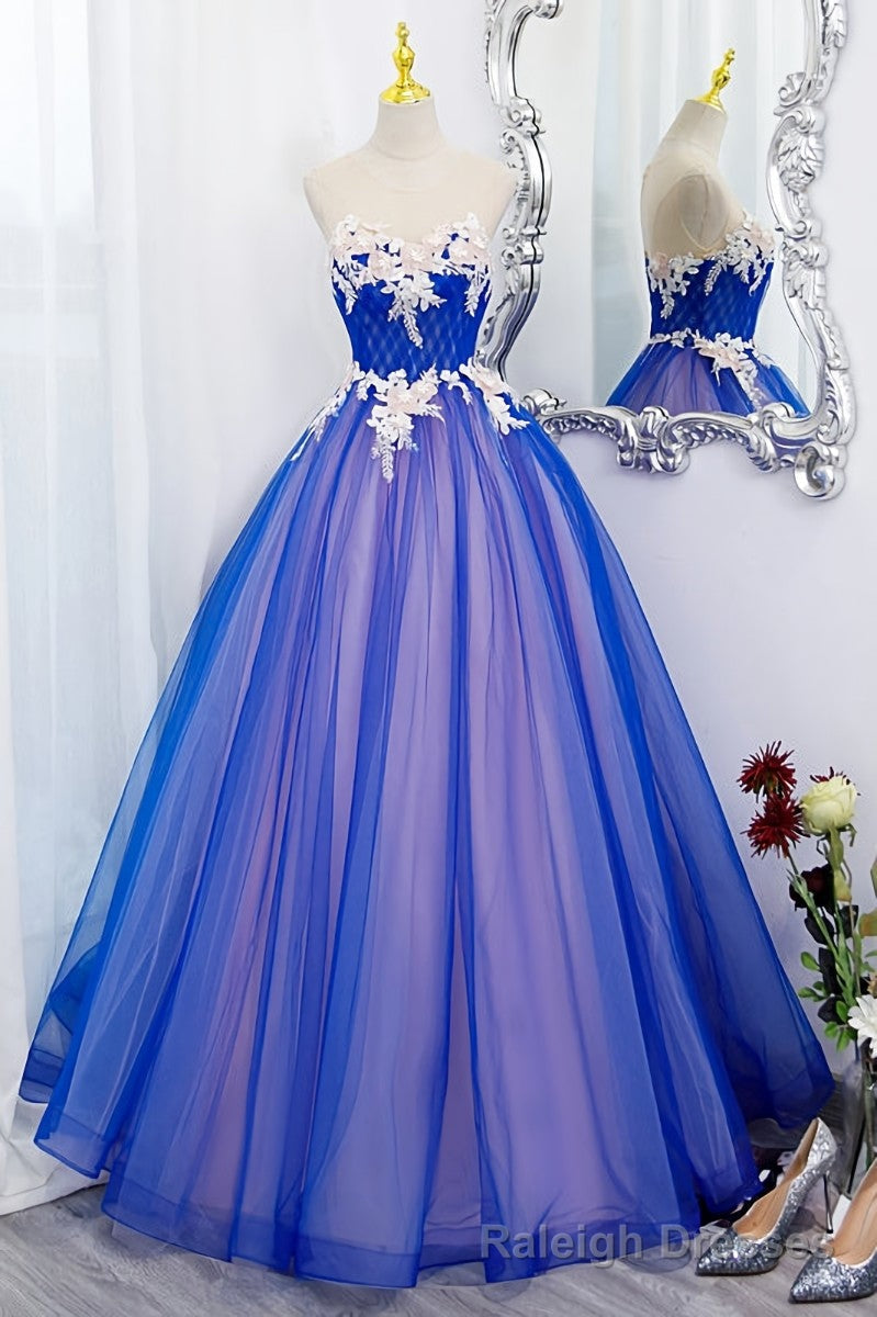 Unique Blue and Pink Formal Gown with Lace, Sweetheart Blue Floor Length Prom Dress Main image