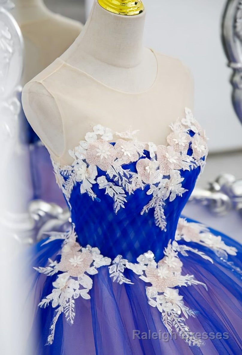 Unique Blue and Pink Formal Gowns with Lace, Sweetheart Blue Floor Length Prom Dress
