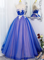 Unique Blue and Pink Formal Gowns with Lace, Sweetheart Blue Floor Length Prom Dress
