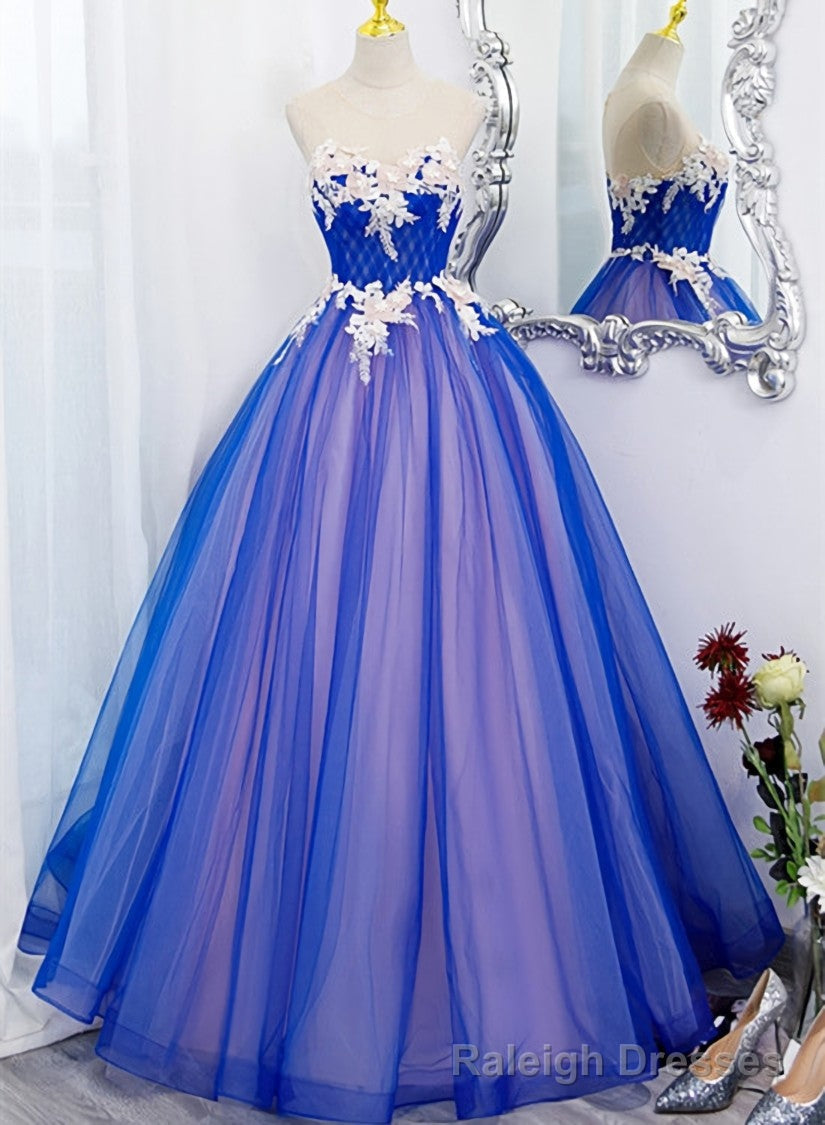 Unique Blue and Pink Formal Gowns with Lace, Sweetheart Blue Floor Length Prom Dress