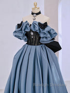 Unique Blue Prom Dresses Off Shoulder Satin Lace Long Prom Dress
