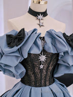 Unique Blue Satin Lace Long Prom Dress,Off Shoulder Prom Dresses