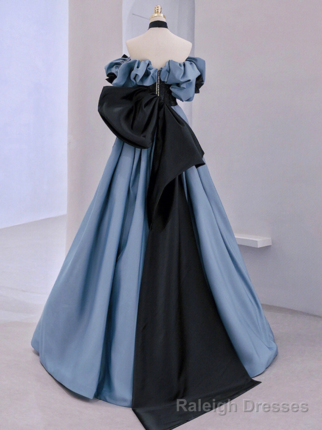 Unique Blue Satin Lace Long Prom Dress,Off Shoulder Prom Dresses