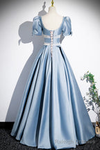 Unique Blue Satin Long Prom Dress, A-Line Short Sleeve Blue Evening Dress