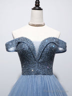 Unique Blue Tulle Beads Long Prom Dress, Blue Tulle Evening Dress