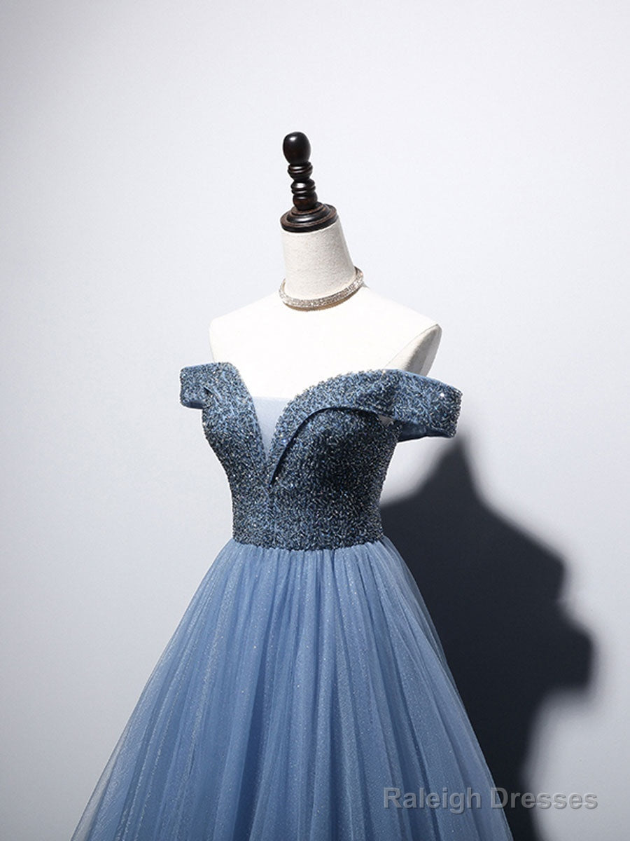 Unique Blue Tulle Beads Long Prom Dress, Blue Tulle Evening Dress