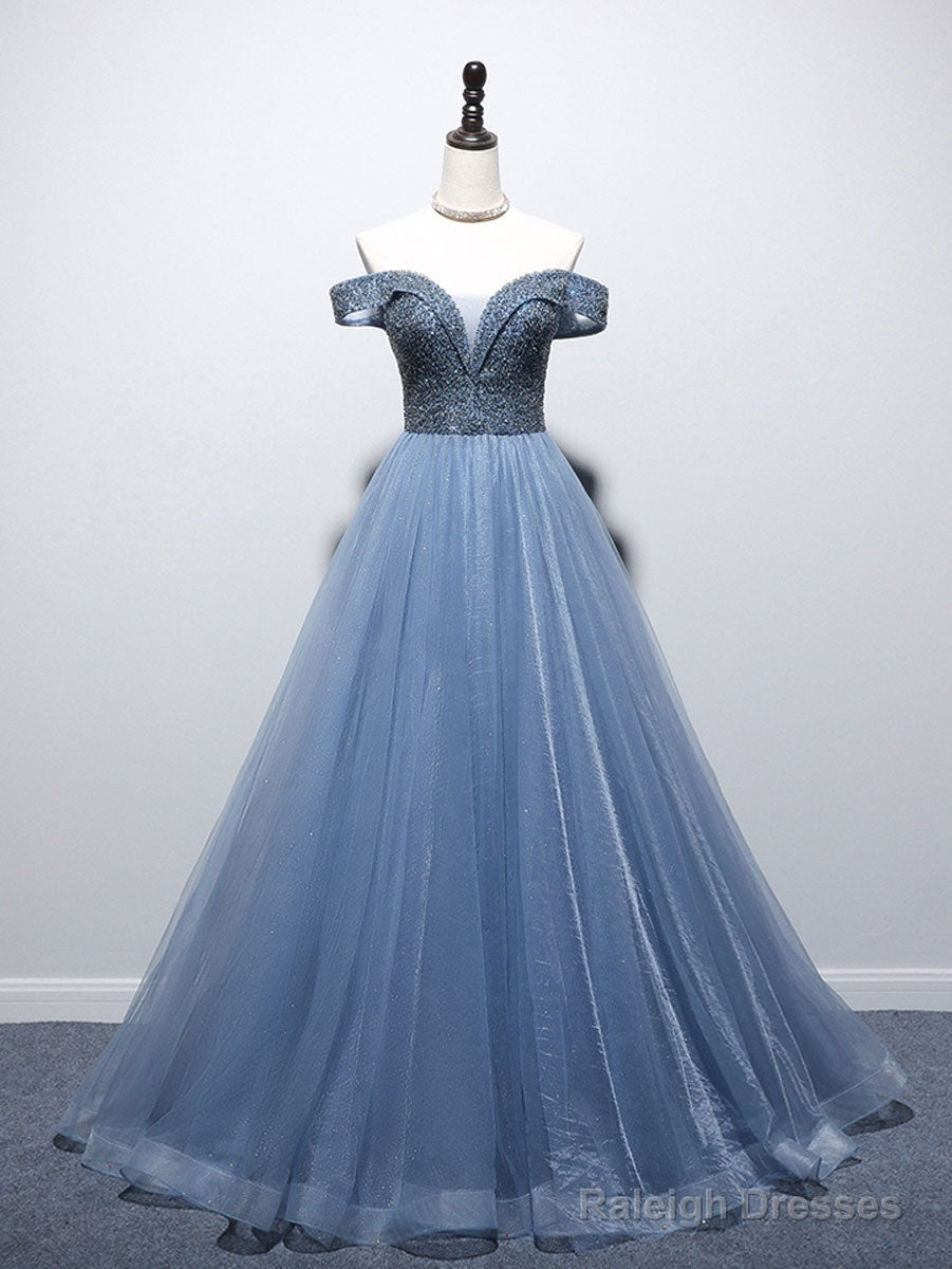 Unique Blue Tulle Beads Long Prom Dress, Blue Tulle Evening Dress Main image