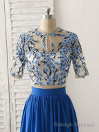 Unique Blue Two Pieces Long Prom Dress Applique Formal Dress