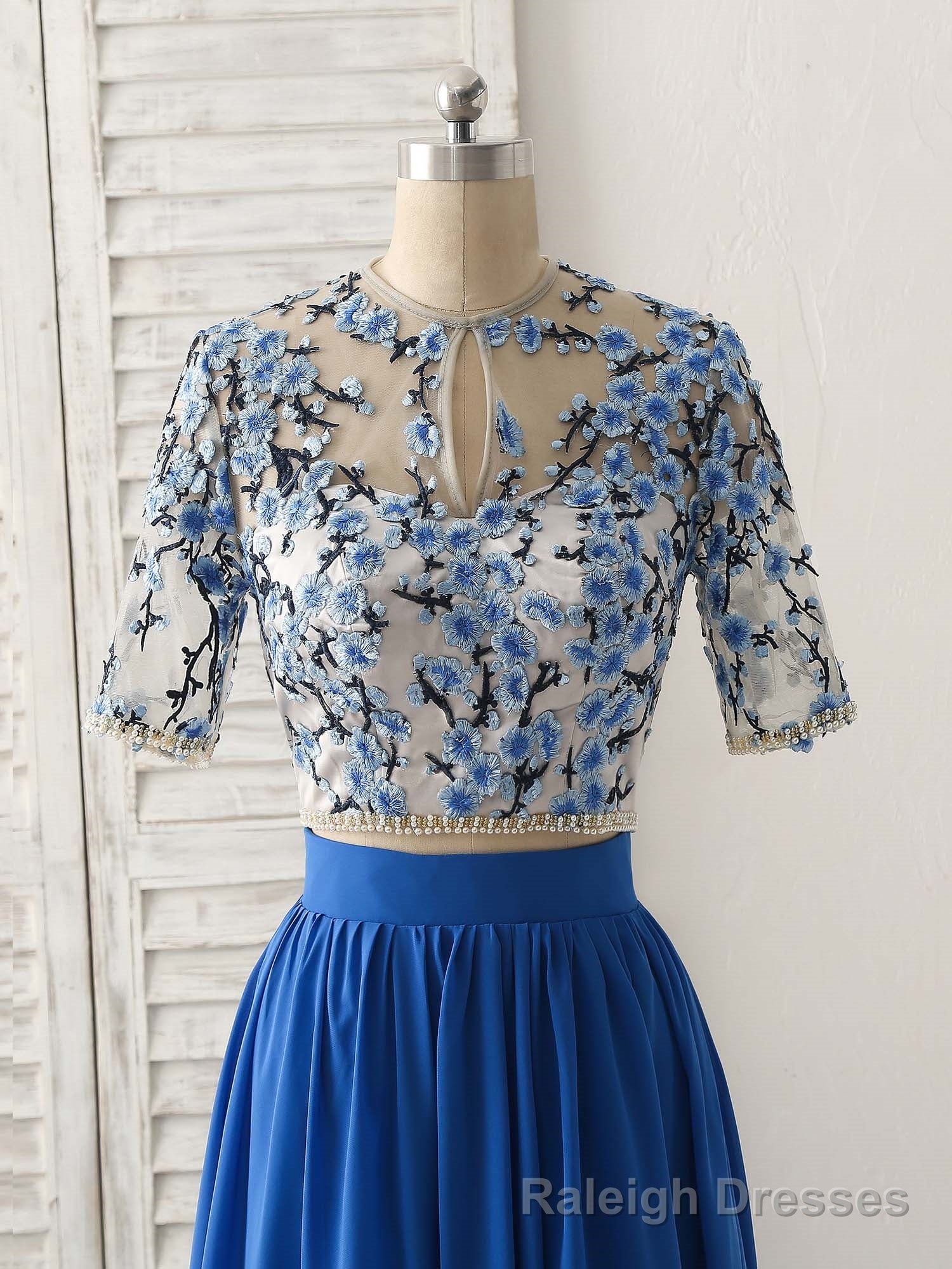 Unique Blue Two Pieces Long Prom Dress Applique Formal Dress