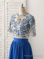 Unique Blue Two Pieces Long Prom Dress Applique Formal Dress
