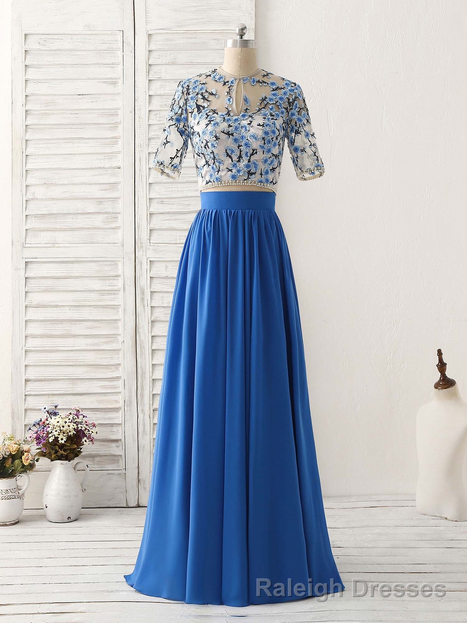 Unique Blue Two Pieces Long Prom Dress Applique Formal Dress Main image