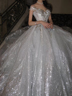 Unique Bridal Dresses Ball Gowns Scoop White Sequin Long Wedding Dress Luxury Bride Dresses Bridal Gown