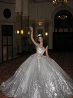 Unique Bridal Dresses Ball Gowns Scoop White Sequin Long Wedding Dress Luxury Bride Dresses Bridal Gown