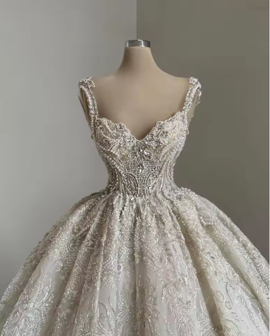 Unique Bridal Gowns Ball Gowns Straps Neck White Sequin Wedding Dress Pretty Bridal Gown Secondary image