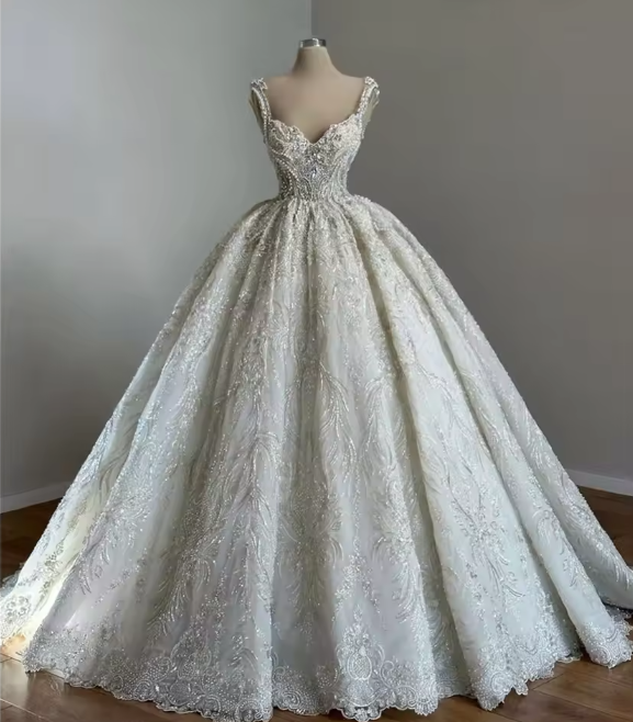 Unique Bridal Gowns Ball Gowns Straps Neck White Sequin Wedding Dress Pretty Bridal Gown