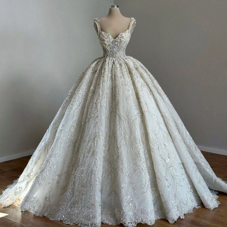 Unique Bridal Gowns Ball Gowns Straps Neck White Sequin Wedding Dress Pretty Bridal Gown