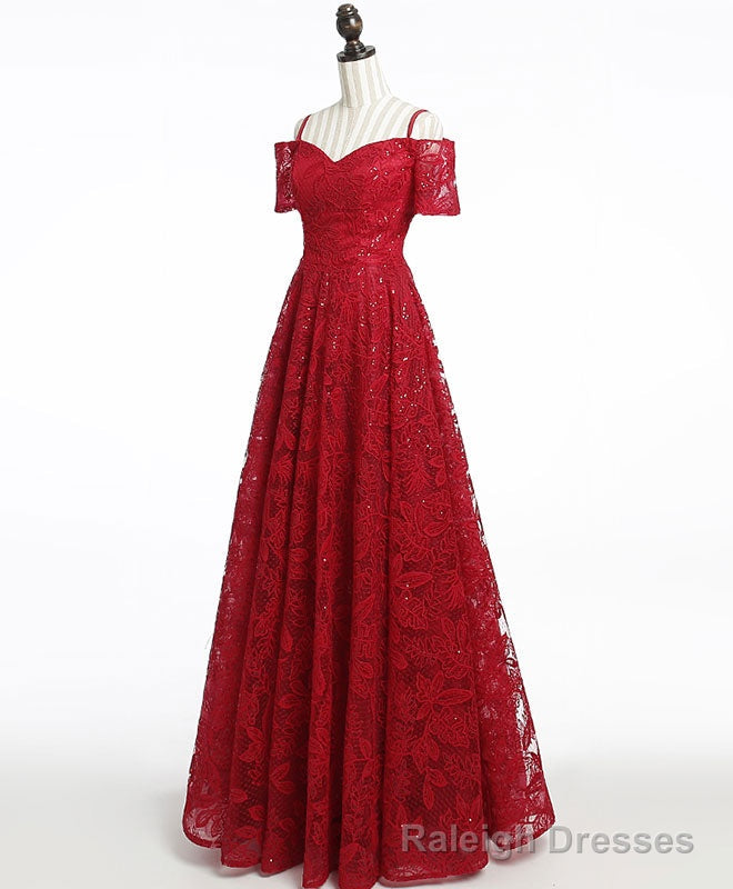 Unique Burgundy Lace Long Prom Dress, Burgundy Prom Dress