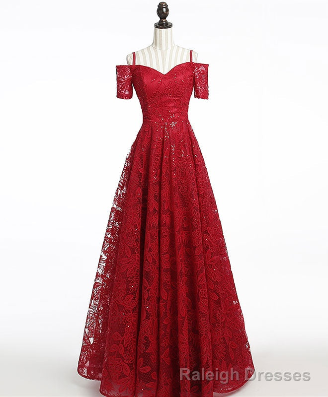 Unique Burgundy Lace Long Prom Dress, Burgundy Prom Dress