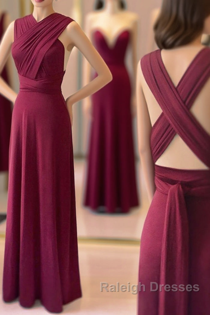 Unique Burgundy Long Prom Dress with Cross Back, Burgundy Formal Graduation Evening Dress, Burgundy Bridesmaid Dress Main image