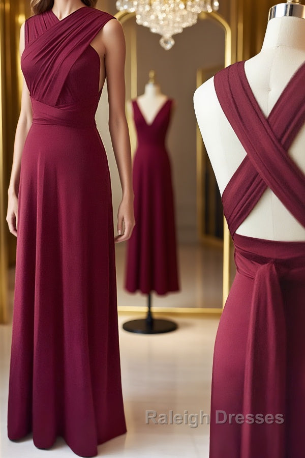 Unique Burgundy Long Prom Dresses with Cross Back, Burgundy Formal Graduation Evening Dresses, Burgundy Bridesmaid Dresses Main image