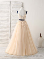 Unique Champagne Lace Tulle Long Prom Dress, Champagne Prom