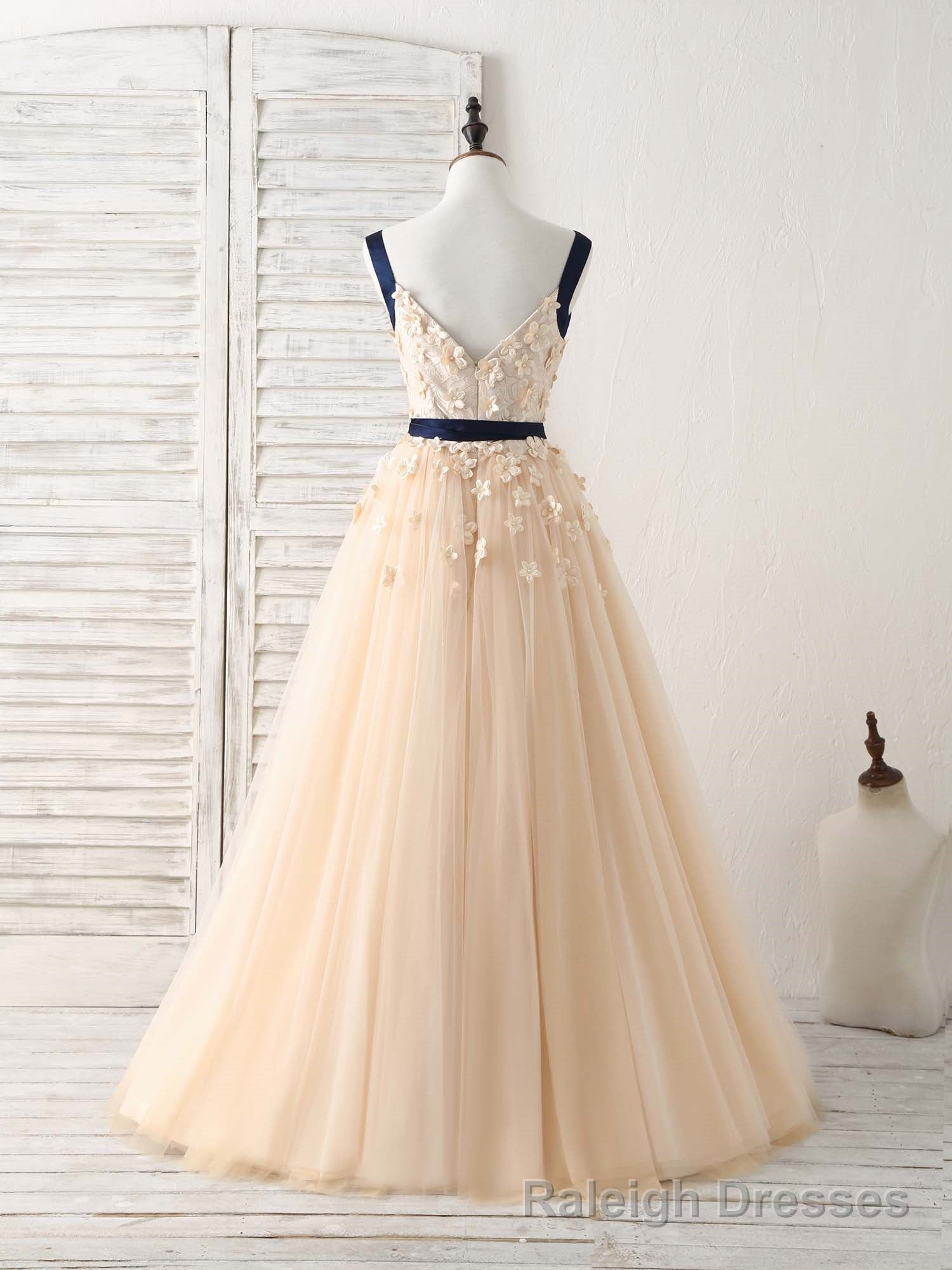 Unique Champagne Lace Tulle Long Prom Dress, Champagne Prom