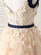 Unique Champagne Lace Tulle Long Prom Dress, Champagne Evening