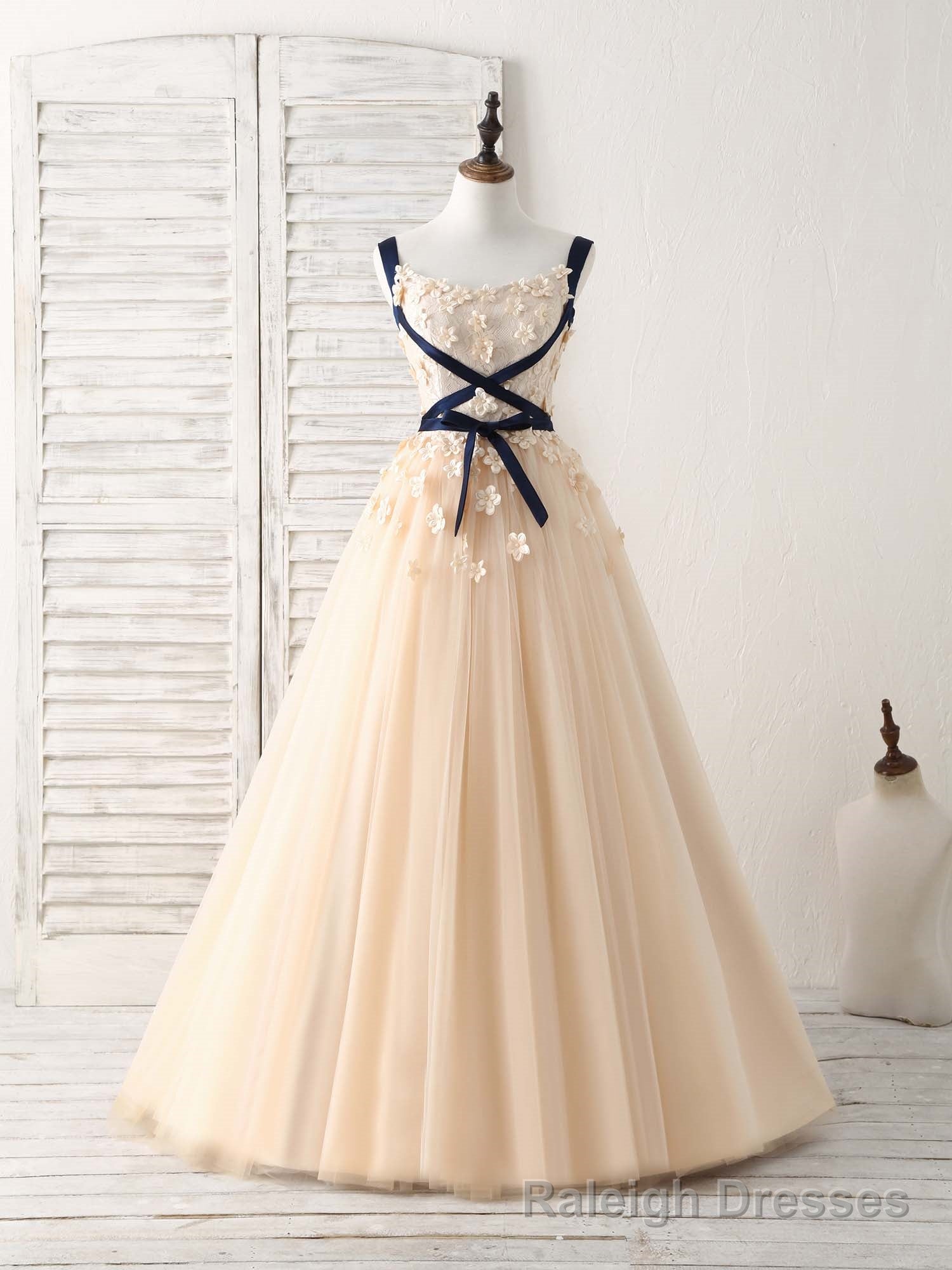 Unique Champagne Lace Tulle Long Prom Dress, Champagne Evening Secondary image