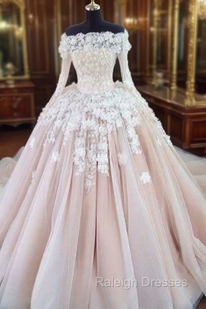 Unique Champagne Lace Tulle Long Wedding Dress, Bridal Dress Main image