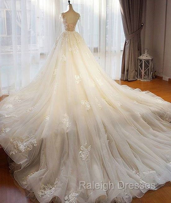 Unique Champagne Tulle Lace Long Prom Dress, Champagne Wedding Dress
