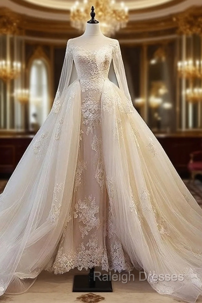 Unique Champagne Tulle Lace Long Prom Dress, Champagne Wedding Dress Main image