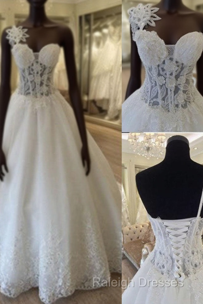 Unique Design One Shoulder See Through A-Line Lace Tulle Wedding Dresses, Main image