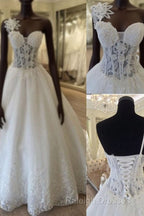 Unique Design One Shoulder See Through A-Line Lace Tulle Wedding Dress