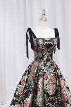 Unique Floral Floor Length Prom Dress, A-Line Black Evening Dress