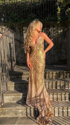 Unique Mermaid Golden Sequin Long Sweep Open Back Prom Dresses Prom Dresses