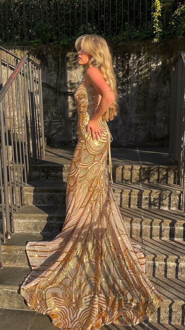 Unique Mermaid Golden Sequin Long Sweep Open Back Prom Dresses Prom Dresses