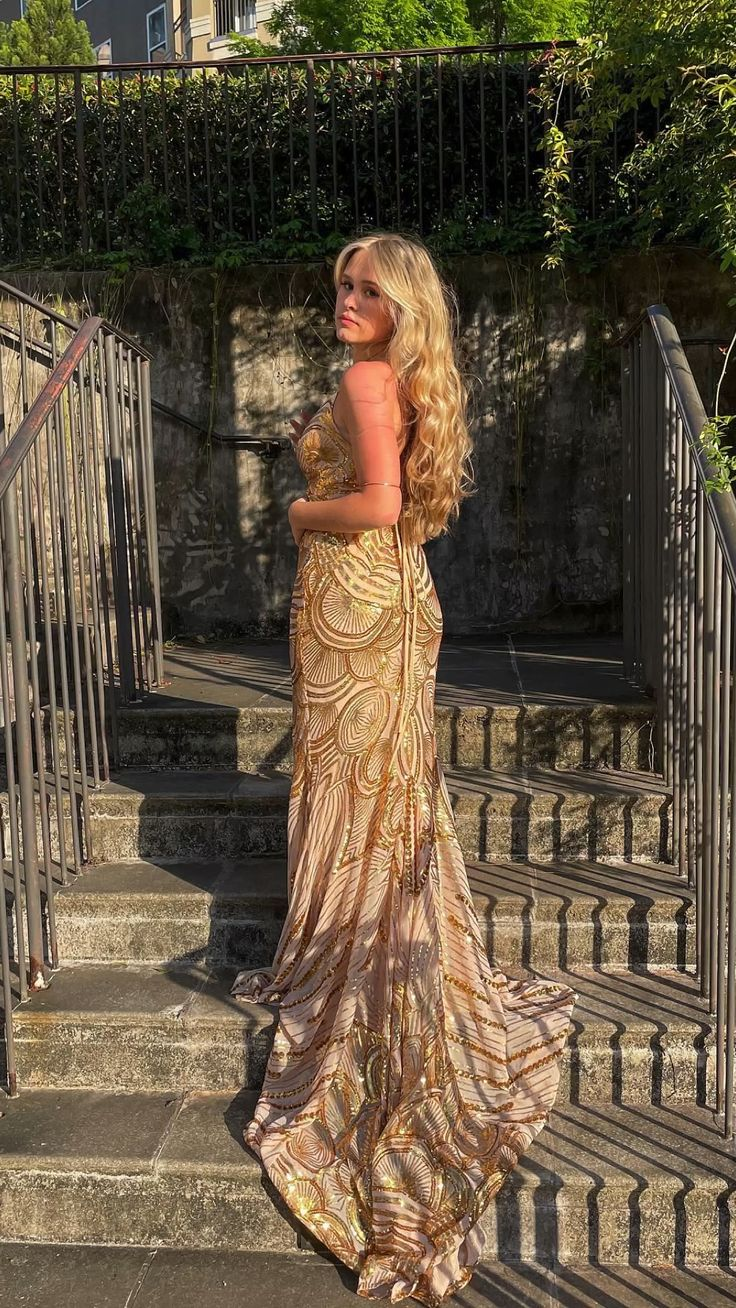 Unique Mermaid Golden Sequin Long Sweep Open Back Prom Dresses Prom Dresses