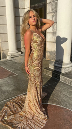 Unique Mermaid Golden Sequin Long Sweep Open Back Prom Dresses Prom Dresses