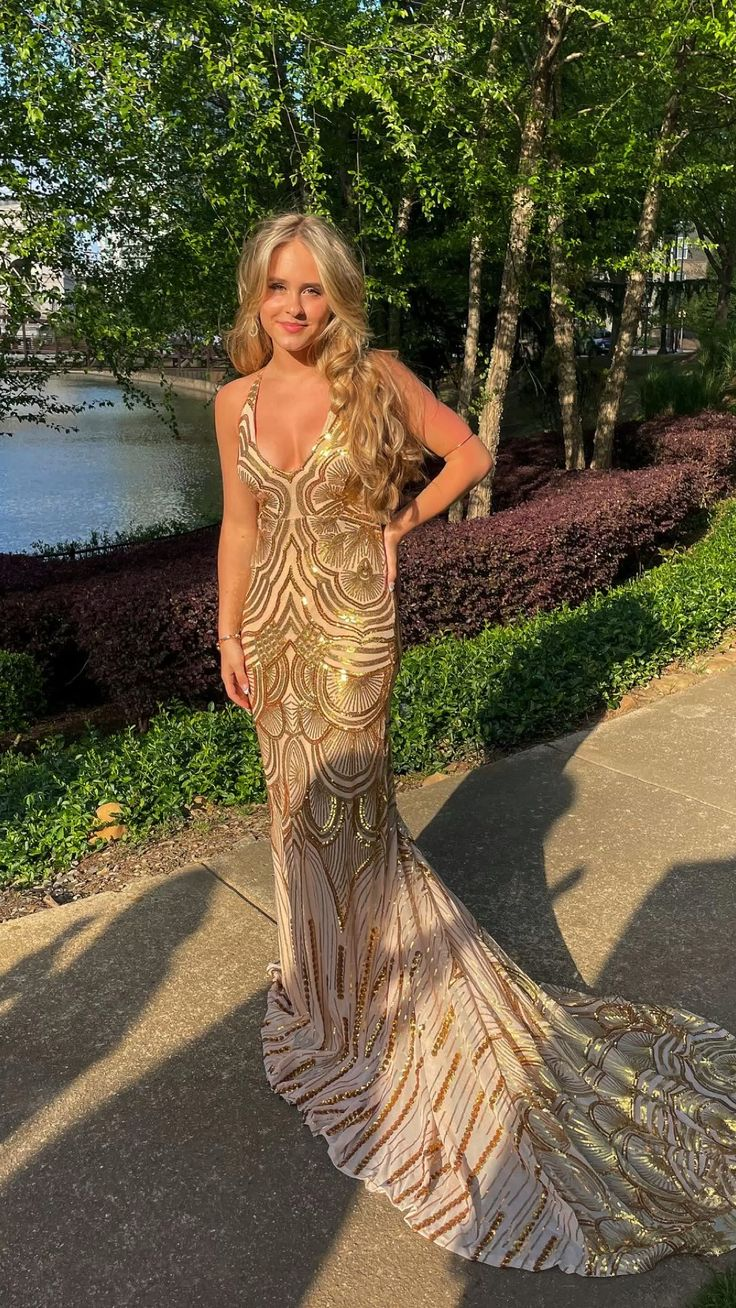 Unique Mermaid Golden Sequin Long Sweep Open Back Prom Dresses Prom Dresses Main image