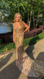 Unique Mermaid Golden Sequin Long Sweep Open Back Prom Dresses Prom Dresses